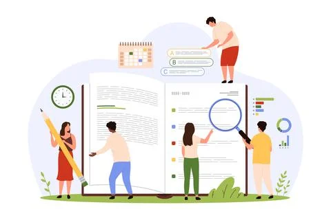 Information analysis, data inspection and evaluation by tiny people with Stock Illustration