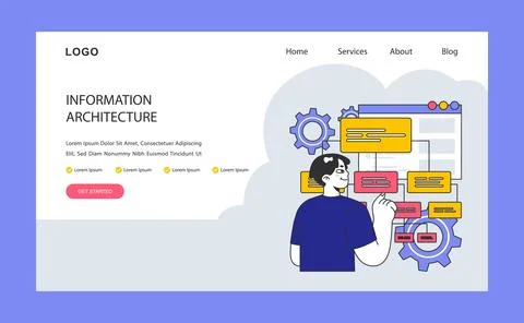 Information architecture. A user interacts with interface elements for data Illustrazione stock