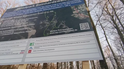 Information board about a wind farm in the Reinhardswald forest Stock Footage 305195720