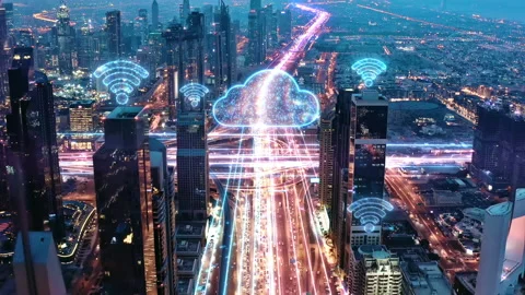 Information Clouds Aerial Drone Flight During Rush Hour Night Traffic Digital Video stock 131350547