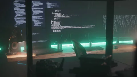 Information Comes Through Hacker's Computer Screens in Dark Room at Night Stock Footage 208786982