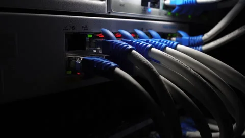 Information Communication Network in Data Center with Cables Connected to Modem  Stock Footage 249611710