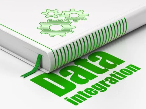 Information concept: book Gears, Data Integration on white background Illustrazione stock