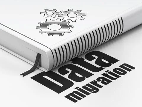 Information concept: book Gears, Data Migration on white background Stock Illustration