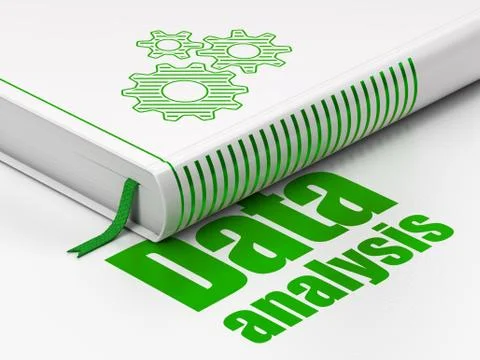 Information concept: book Gears, Data Analysis on white background Illustrazione stock