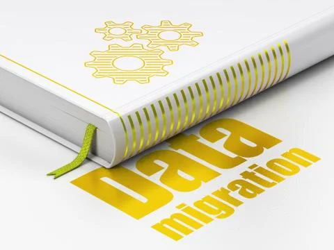 Information concept: book Gears, Data Migration on white background Stock Illustration