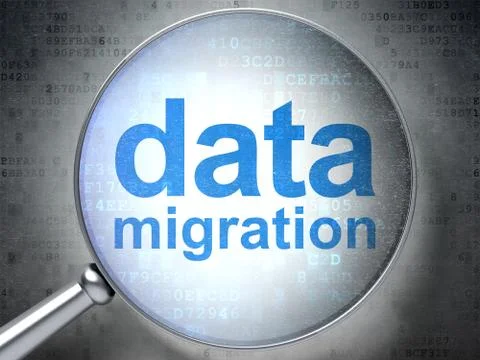 Information concept: Data Migration with optical glass Stock Illustration