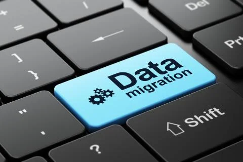 Information concept: Gears and Data Migration on computer keyboard background Stock Illustration