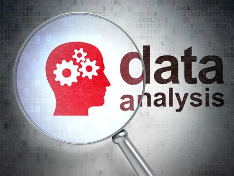 Information concept: Head With Gears and Data Analysis with optical glass Stock Illustration