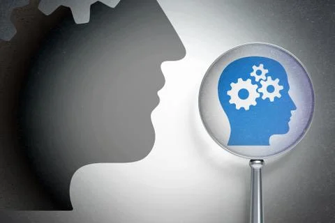 Information concept:  Head With Gears with optical glass on digital background Иллюстрация