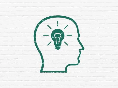Information concept: Head With Lightbulb on wall background Ilustração Stock