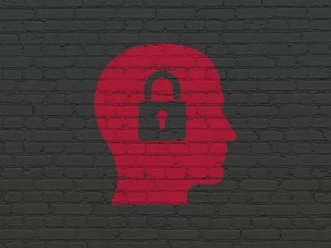 Information concept: Head With Padlock on wall background Stock Illustration