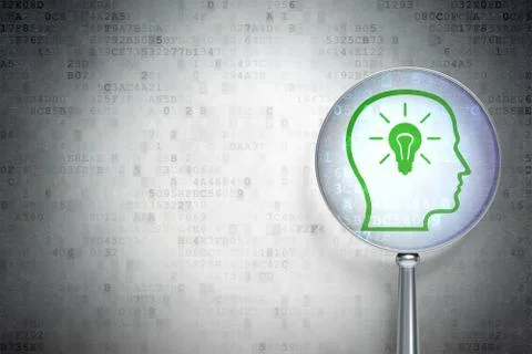 Information concept: Head Whis Lightbulb with optical glass on Иллюстрация