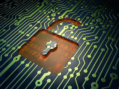 Information concept: Opened Padlock on circuit board background Stock Illustration