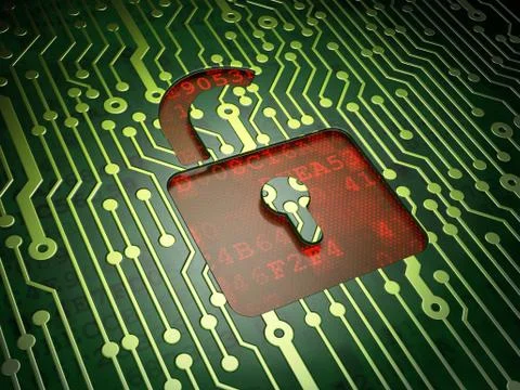 Information concept: Opened Padlock on circuit board background Stock Illustration