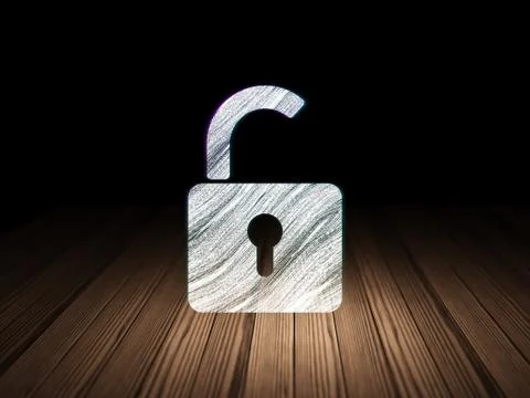 Information concept: Opened Padlock in grunge dark room Stock Illustration