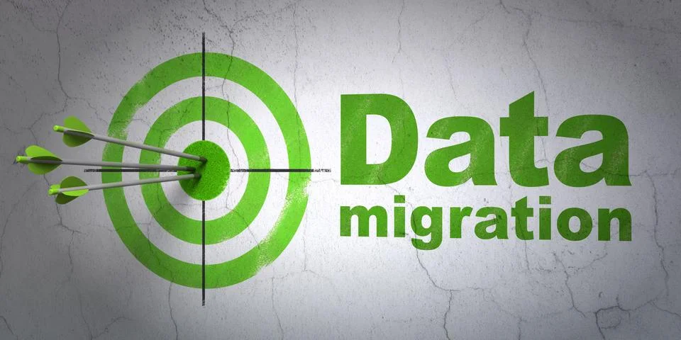 Information concept: target and Data Migration on wall background Stock Illustration