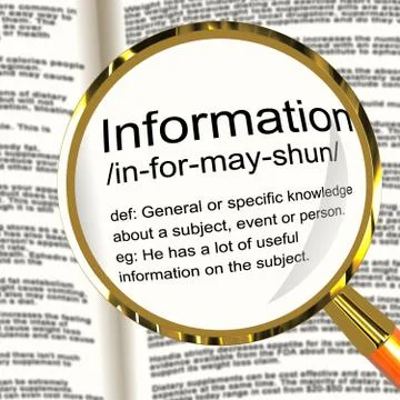 Information definition magnifier showing knowledge data and facts Illustrazione stock