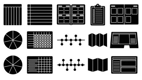 Information design and project management icons featuring diverse document .. Stock Illustration