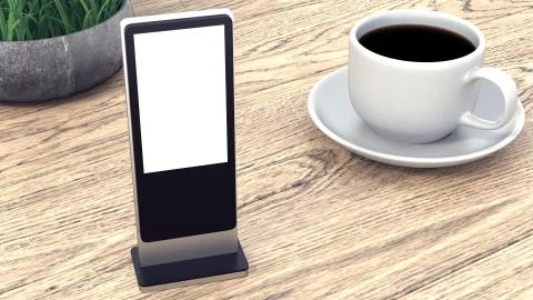 Information Display. Banner Stands in your design. Cup of coffee on a wooden Illustration