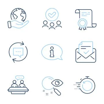 Information, Employees talk and Fast recovery icons set. Update comments Stock Illustration