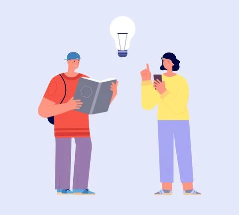 Information finding. Books or digital technologies. People read book and using Stockillustratie