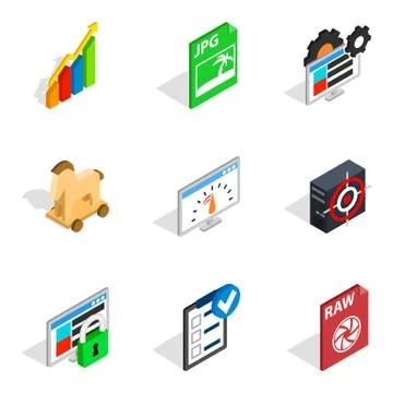 Information flow icons set, isometric style Illustrazione stock