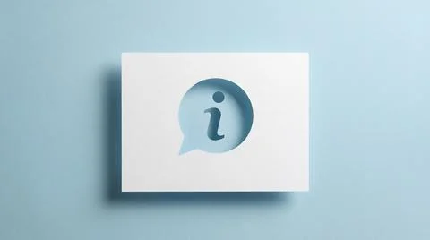 Information icon in round speech bubble cutout on white paper over light bl.. Stock Illustration