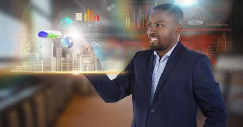 Information interface and Businessman touching air in front of room Stock Photos