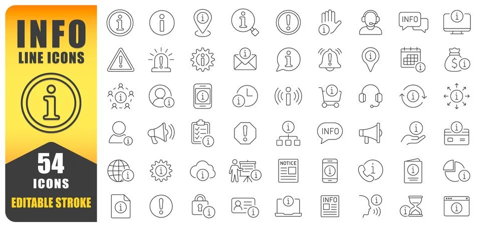 Information Line Icon Vector Set. A Collection Of 54 Thin Line Info Icons Stock Illustration
