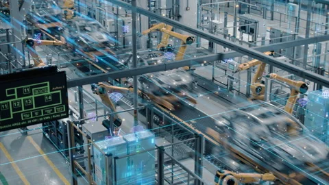 Information Lines Robotic Automatic Car Manufacturing Factory Conveyo Stock Footage 166301577