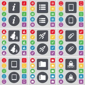 Information, List, Tablet PC, Bell, Rocket, Clip, Tablet PC, Folder, Ship icon s Stock Illustration