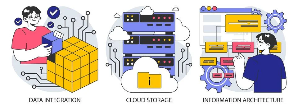 Information management set. Data mining, storage, processing and security Stock Illustration