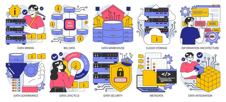 Information management set. Data mining, storage, processing and security Stock Illustration