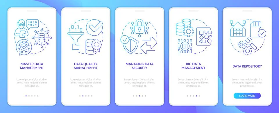 Information management styles blue gradient onboarding mobile app screen Ilustração Stock