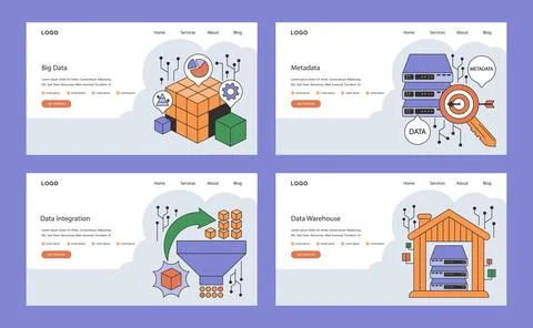 Information management web or landing set. Data mining, storage Illustrazione stock