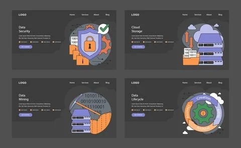 Information management web or landing dark or night mode set. Data mining Illustrazione stock
