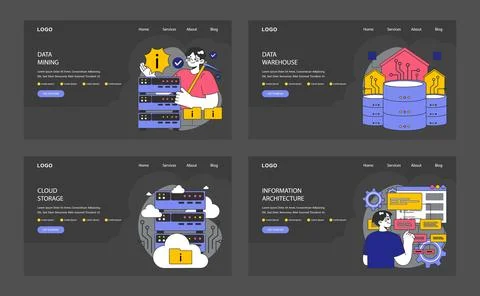 Information management web or landing dark or night mode set. Data mining Illustrazione stock
