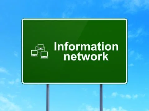 Information Network and Lan Computer on road sign background Illustrazione stock