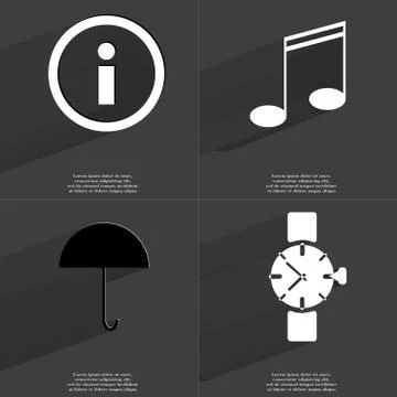 Information, Note, Umbrella, Wrist watch icon sign. Set of Symbols with Flat  Stock Illustration