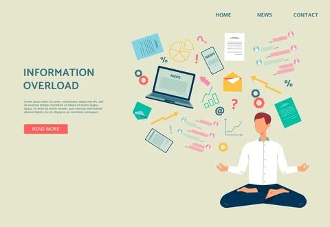 Information overload banner with man anxious of news, flat vector illustration. Stock Illustration
