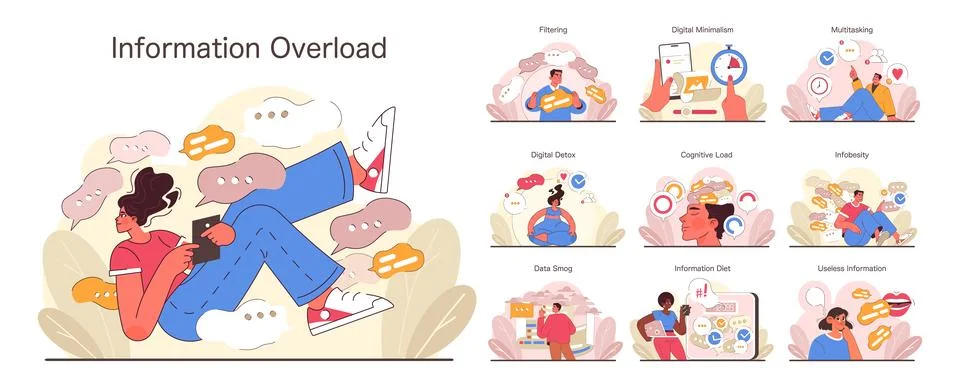 Information Overload concept set. Flat vector illustration Stock Illustration