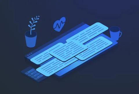 Information Overload isometric concept. Multitasking, Infoxication and Illustrazione stock