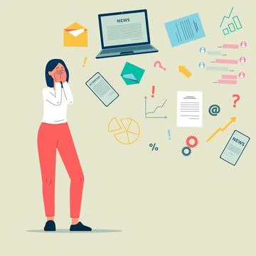 Information overload related stress concept. Cartoon woman tired Stock Illustration
