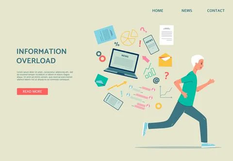 Information overload stress problem - cartoon man running away Stock Illustration