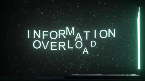 INFORMATION OVERLOAD text appearing near laptop screen. Conceptual 3D rendering Stock Illustration