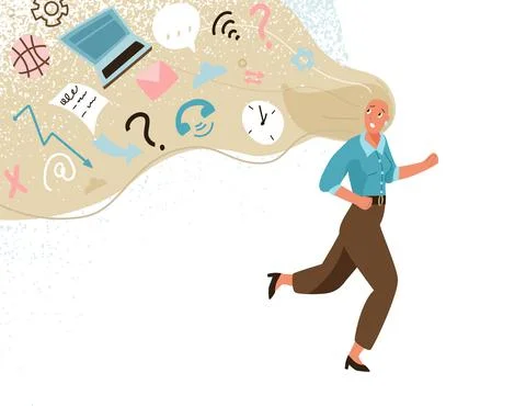 Information overload vector illustration concept. Young business woman running Stock Illustration