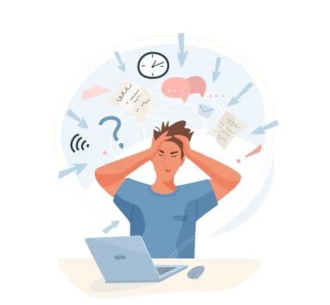 Information overload vector illustration concept. Young man sitting at table in Stock Illustration