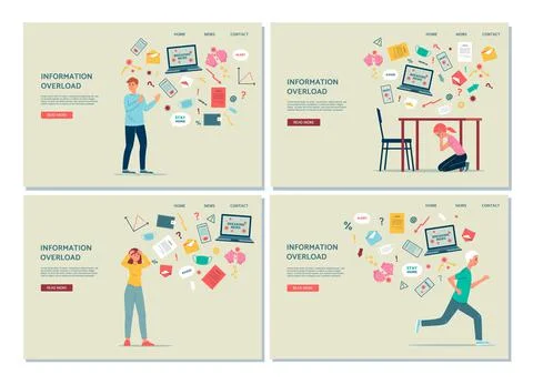 Information overload web banners with stressed people, flat vector illustration. Stock Illustration