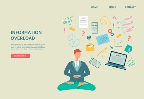 Information overload - website banner with cartoon man in lotus pose Stock Illustration